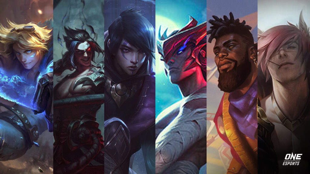 Membres du boyband Heartsteel de League of Legends avec Ezreal, Kayn, Aphelios, Yone, Ksante et Sett