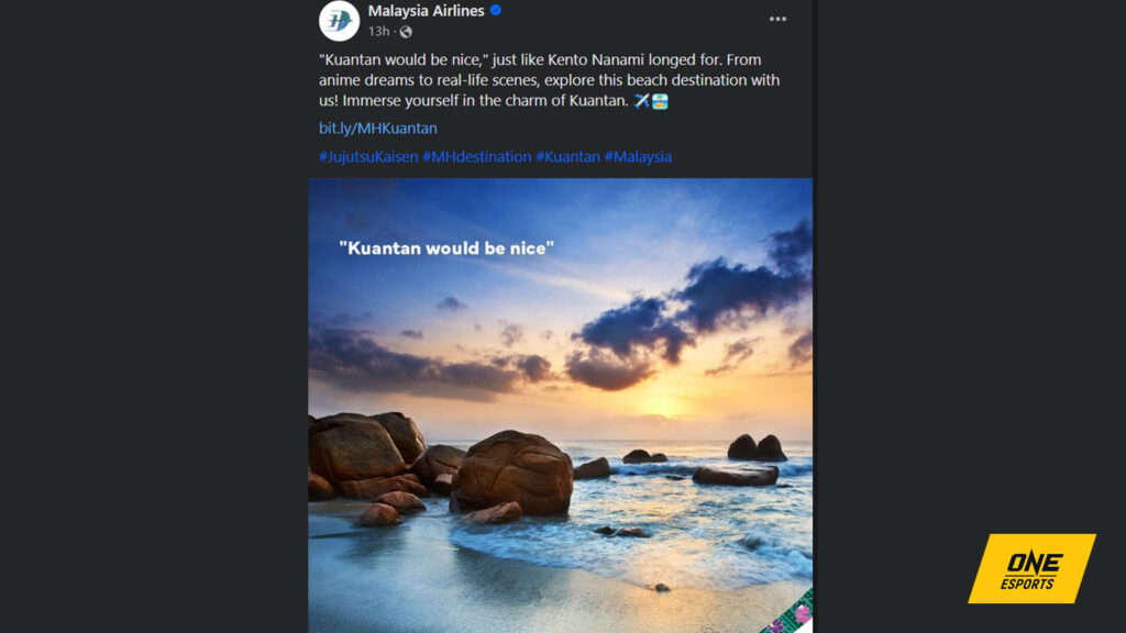 Le Kento Nanami de Jujutsu Kaisen est désormais une attraction touristique officielle en Malaisie – voici la carte Malaysia Airlines fait référence à Kento Nanami dans une publicité promotionnelle pour Kuantan sur sa page Facebook officielle