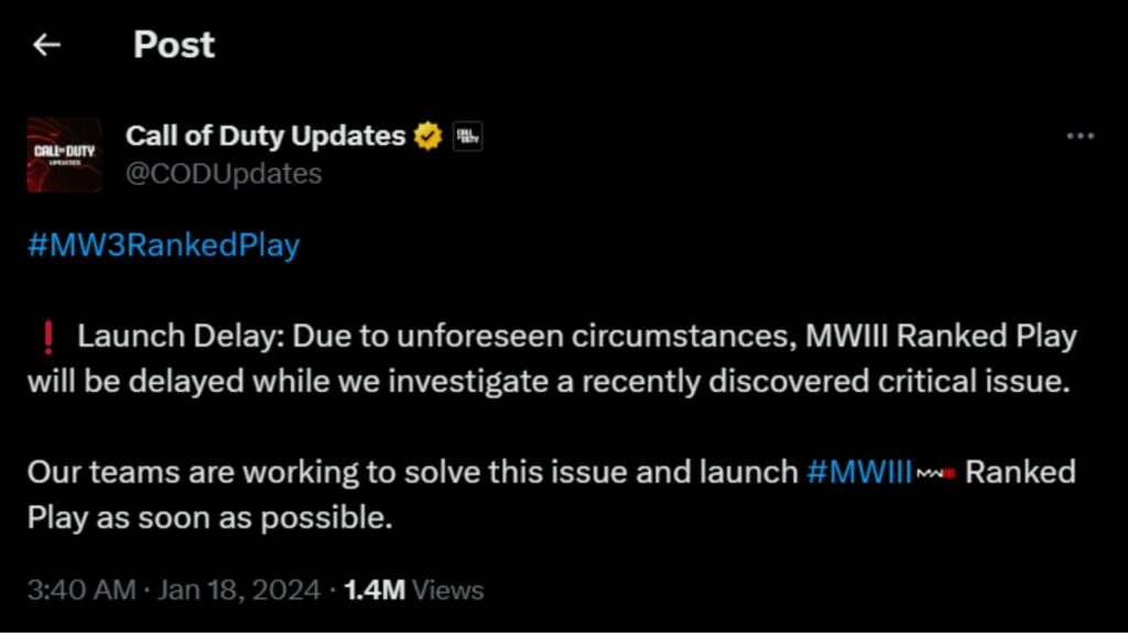 Où est le jeu classé MW3 ? Les développeurs expliquent le retard du lancement Publication des mises à jour de COD sur X à propos du retard de lancement du jeu classé MW3