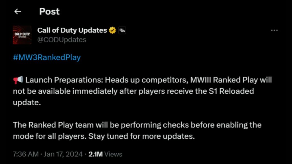Où est le jeu classé MW3 ? Les développeurs expliquent le retard du lancement Message de COD Updates sur X indiquant que le jeu classé MW3 ne sera pas disponible après avoir reçu la mise à jour MW3 S1 Reloaded