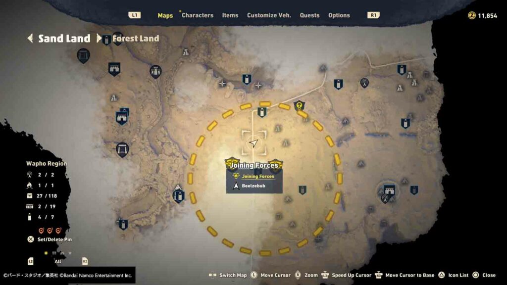 Aperçu de Sand Land : une terre aride pleine de relations profondes et de mécanismes de jeu diversifiés Capture d'écran de la carte de la région de Wapho du jeu Sand Land lors de la mission Joining Forces