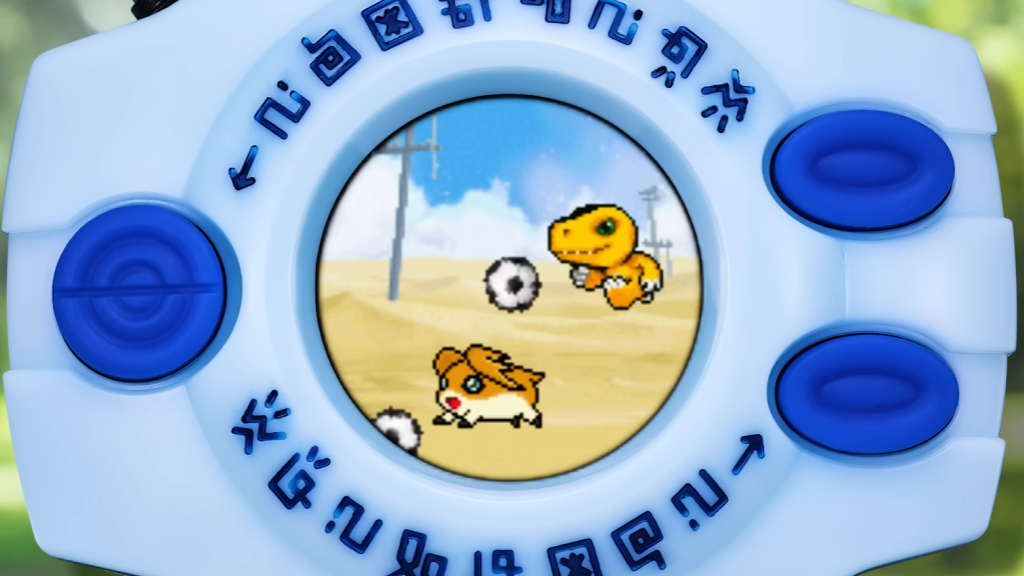 Bande-annonce d'évolution des couleurs du 25e anniversaire de Digimon Digivice mettant en vedette Agumon et Palmon jouant
