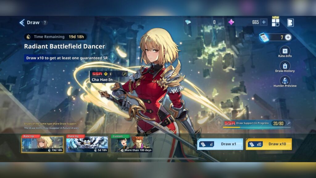 Le système de pitié Solo Leveling Arise expliqué : Qu'est-ce que Draw Support, comment en profiter Système de pitié Solo Leveling Arise Cha Hae-In Rate Up dessine la bannière de support