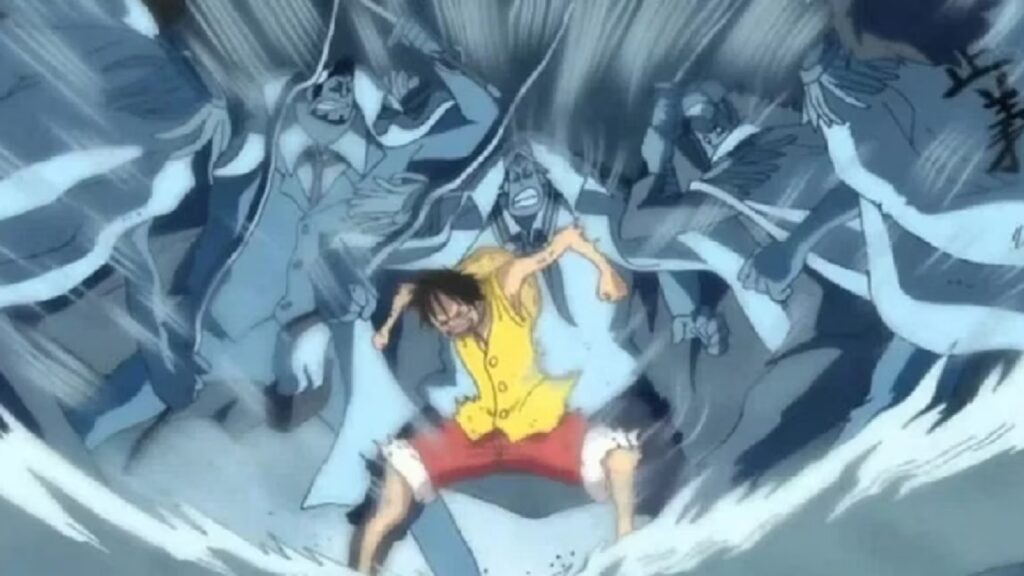 Luffy utilisant Conqueror'Le Haki contre les Marines