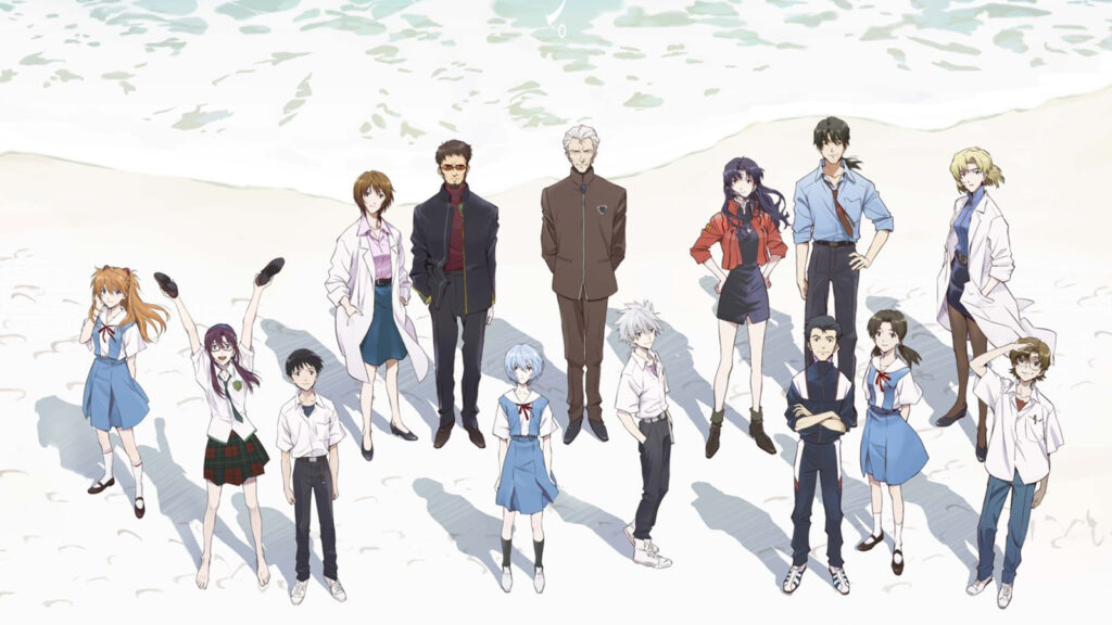 Commande de montres Evangelion — toutes les saisons et tous les films Visuel clé pour Evangelion 3.0+1.0 Thrice Upon a Time, mettant en vedette les personnages principaux Shinji Ikari, Asuka Langley, Rei Ayanami, Kaworu Nagisa et plus encore