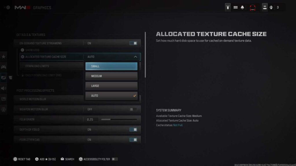 Correction de l'erreur de développement 5433 via la taille du cache de texture allouée dans les paramètres graphiques de Modern Warfare 3