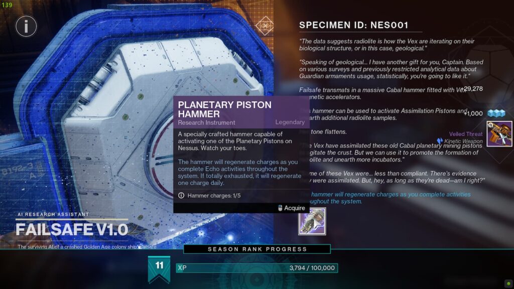 Procédure pas à pas de la quête Destiny 2 Specimen ID NES001 Marteau d'assimilation planétaire Destiny 2