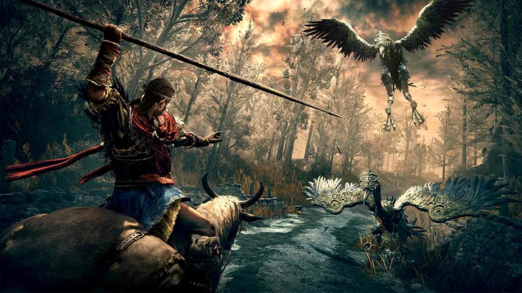 Le joueur malchanceux de Genshin est absolument joué par Elden Ring Shadow of the Erdtree Guerrier d'Elden Ring Shadow of the Erdtree sur le point de lancer une lance sur une foule d'oiseaux volants dans la capture d'écran officielle