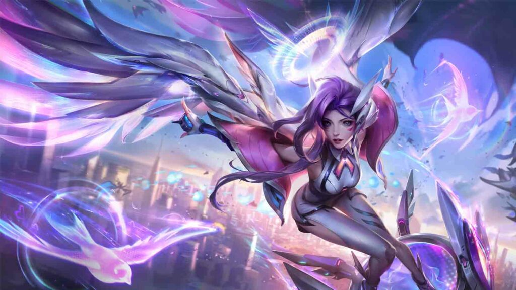 Tous les skins Anima Squad en mode de jeu PvE que vous pouvez également utiliser sur Summoner's Rift Fond d'écran officiel splashart de la peau Battle Dove Seraphine