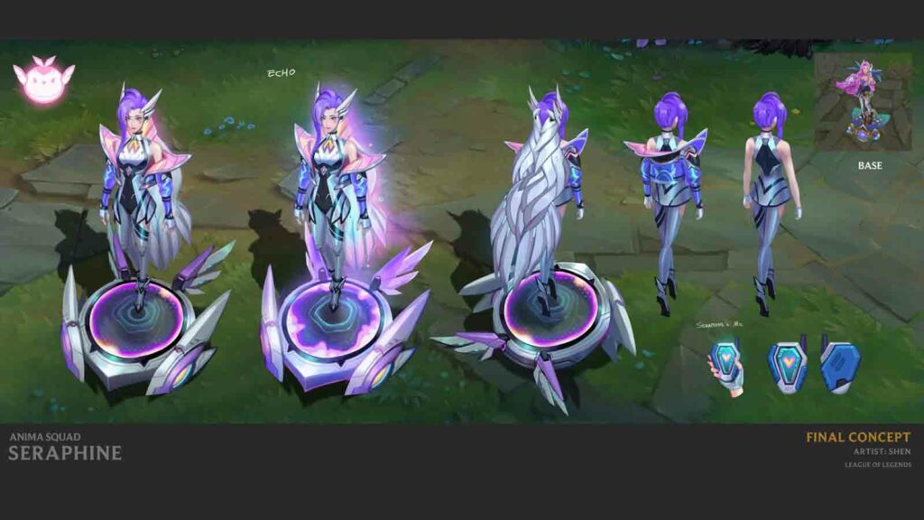 Tous les skins Anima Squad en mode de jeu PvE que vous pouvez également utiliser sur Summoner's Rift Art conceptuel légendaire de la colombe de combat Seraphine