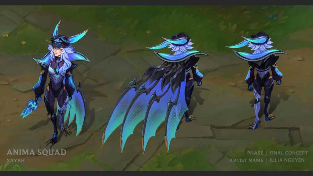 Tous les skins Anima Squad en mode de jeu PvE que vous pouvez également utiliser sur Summoner's Rift L'art conceptuel du skin Battle Bat Xayah se retourne