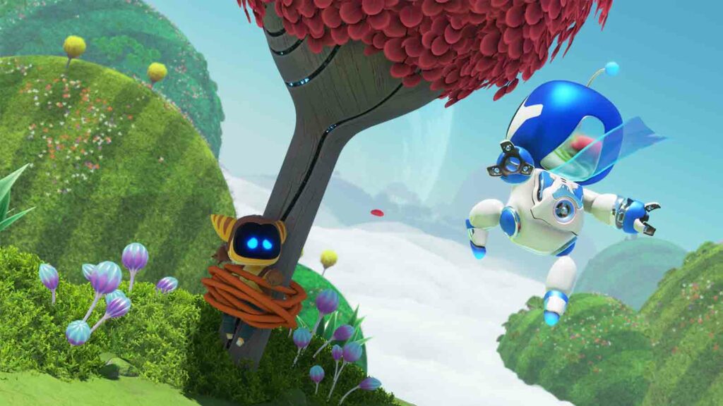 Le capitaine Astro sauve un coéquipier attaché dans un arbre dans le jeu Astro Bot