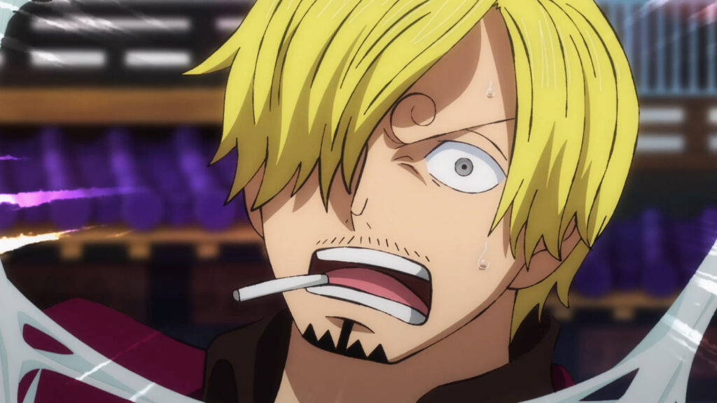 Sanji, personnage de One Piece, montre une expression choquée en fumant