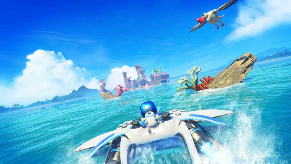 Le monde d'ouverture d'Astro Bot montre le capitaine Astro volant dans un vaisseau qui est un contrôleur PS5 au-dessus de la mer tropicale