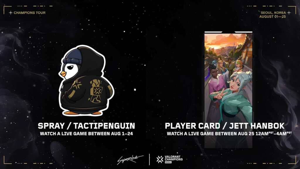 Comment obtenir des drops gratuits de Valorant Champions 2024 Les drops gratuits de Valorant Champions 2024 avec le spray Tactipenguin et la carte de joueur Jett Hanbok