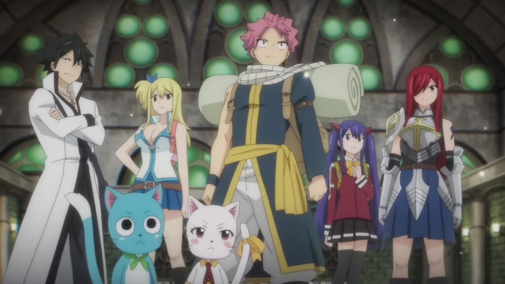 Personnages de Fairy Tail 100 Years Quest Natsu Dragneel, Erza Scarlet, Lucy Heartfilia, Gray Fullbuster, Happy, Wendy Marvell et Charles