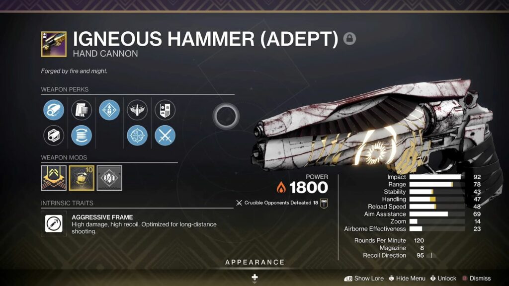 Canon à main Destiny 2 Igneous Hammer