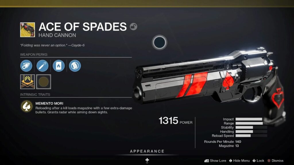 Canon à main Destiny 2 Ace of Spades