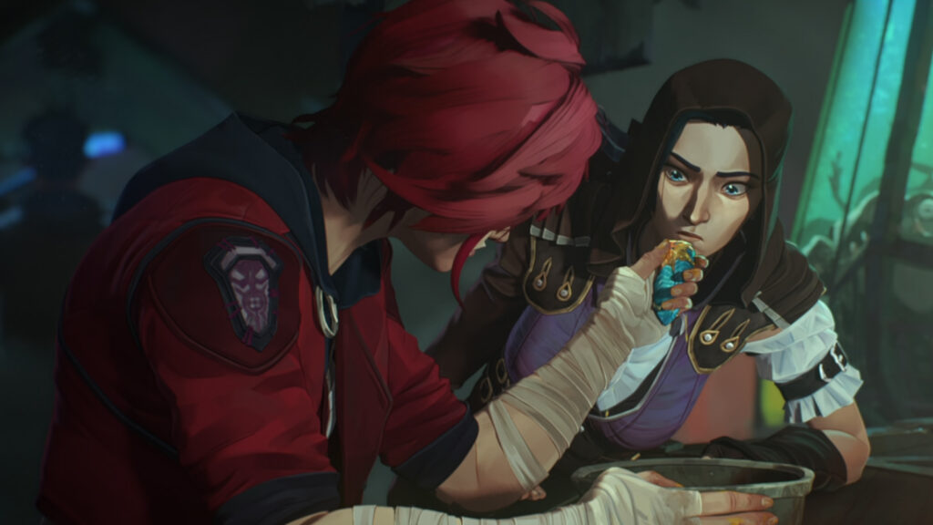 La relation de Caitlyn et Vi dans Arcane – chronologie complète, historique des rencontres Vi offre de la nourriture à Caitlyn dans Arcane saison 1 épisode 5
