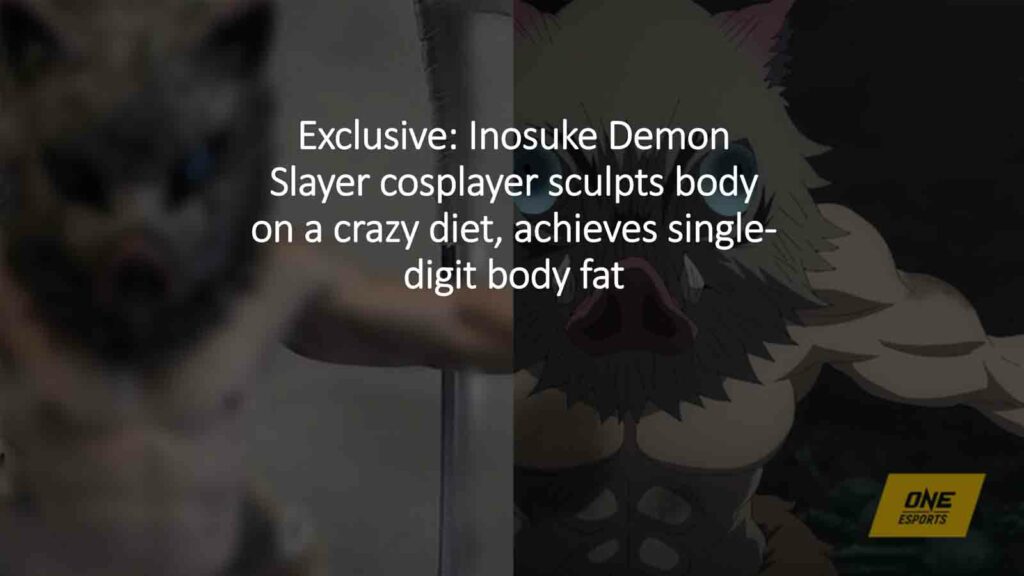 9kekz dans Inosuke Cosplay côte à côte avec le personnage d'Inosuke de Demon Slayer dans un Esports en vedette Image pour l'article "Exclusive: Inosuke Demon Slayer Cosplayer Sculpts Body sur une alimentation folle, atteint la graisse corporelle à un chiffre" "