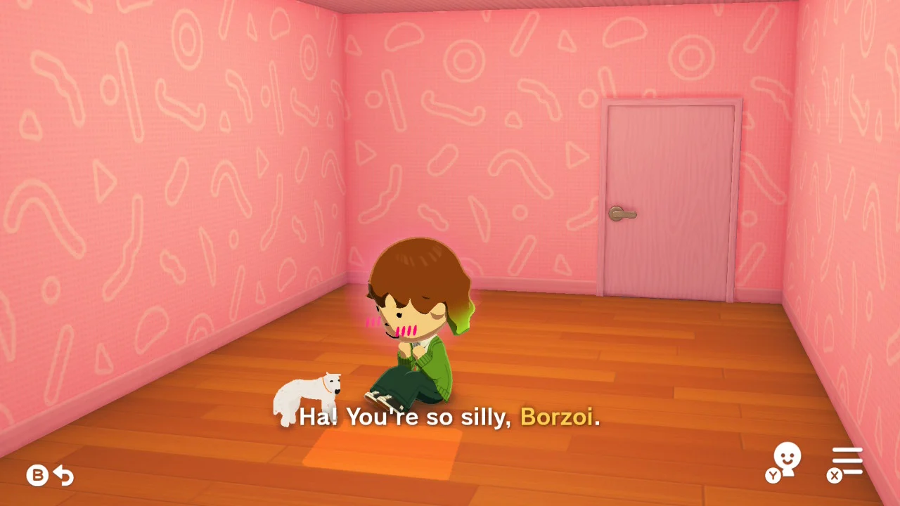 Un Mii est assis dans une pièce rose. 