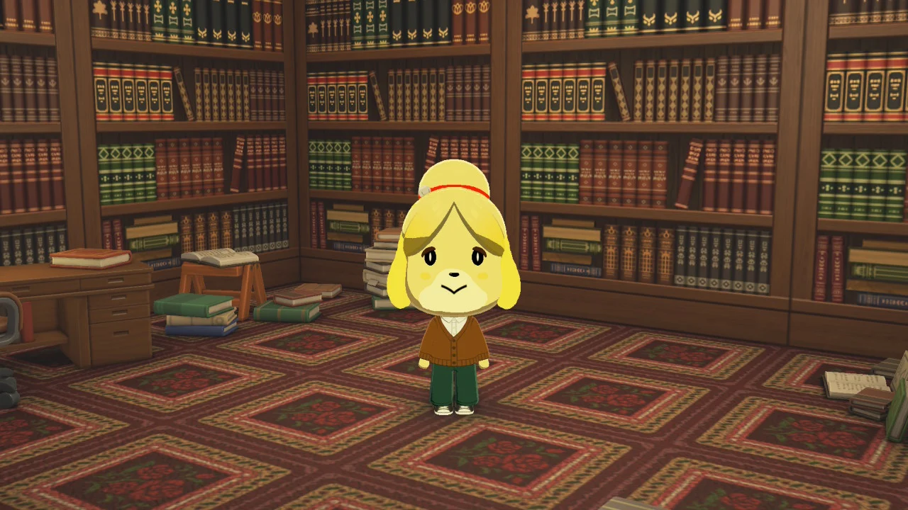 Isabelle se tient dans une bibliothèque. 