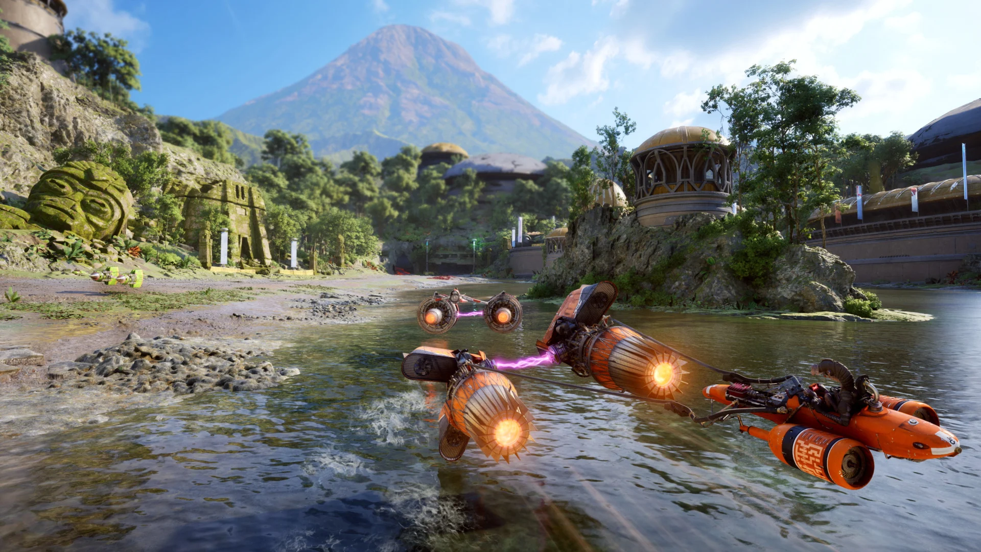 Un podracer survole une rivière.