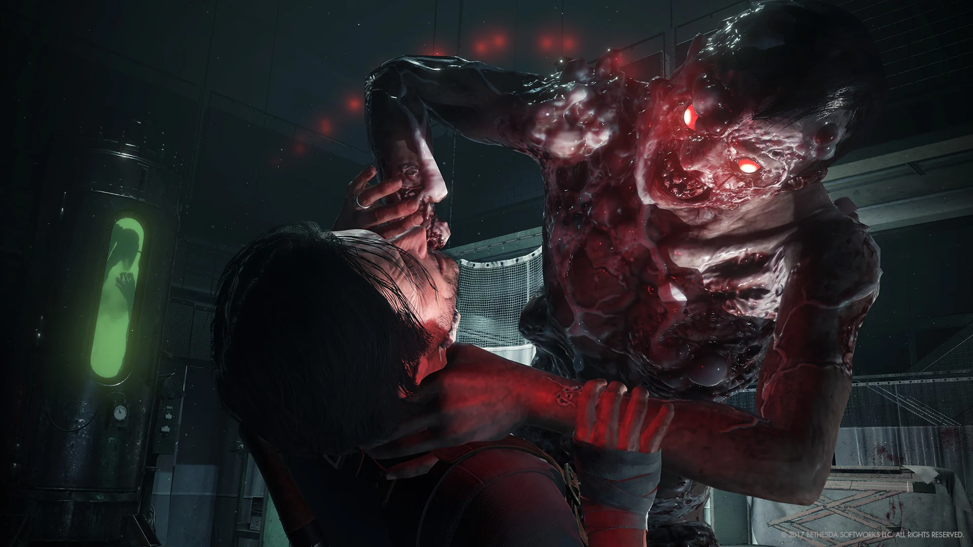 Un homme combat un monstre. 