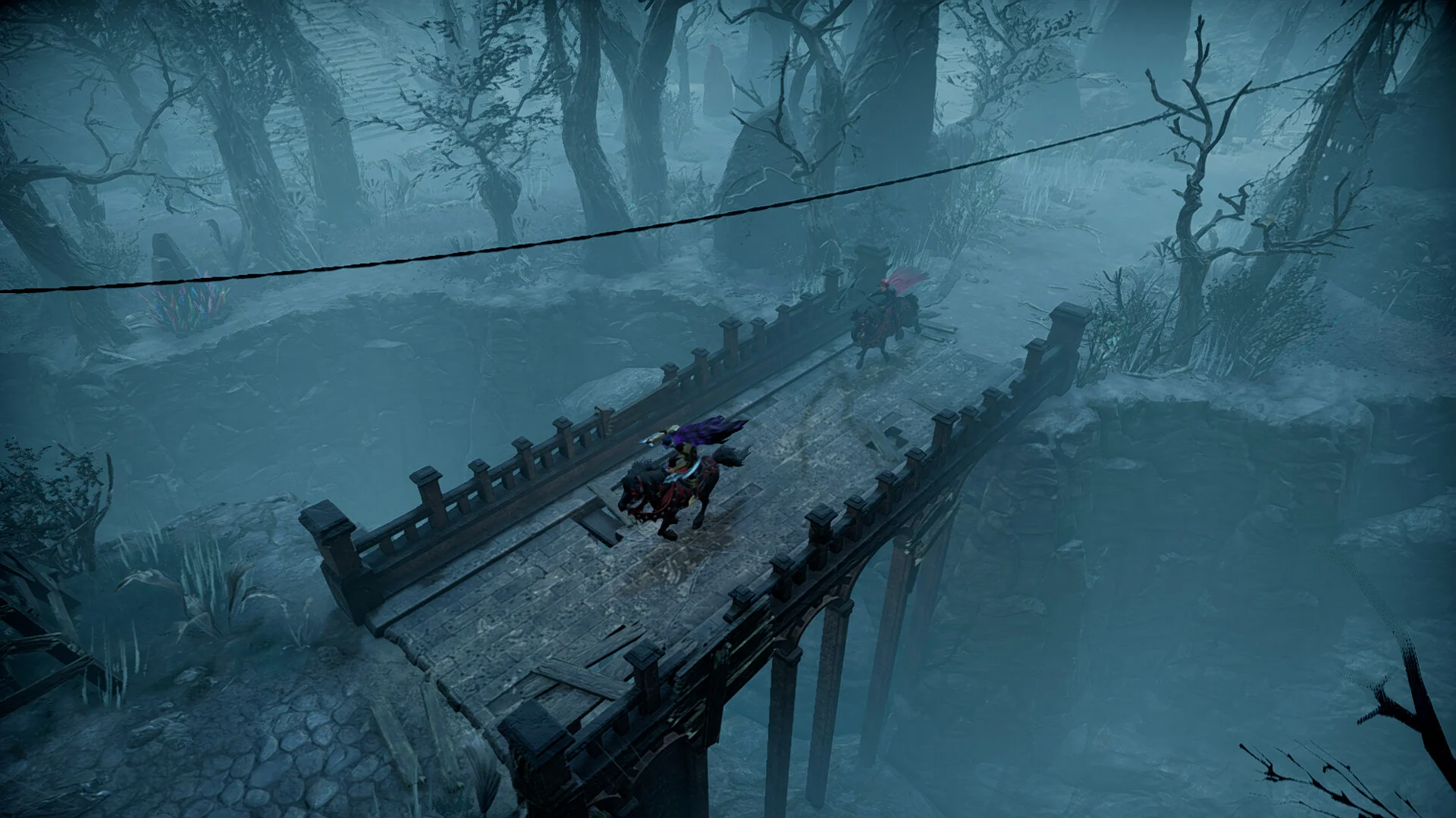 Un vampire monte à cheval dans les bois. 