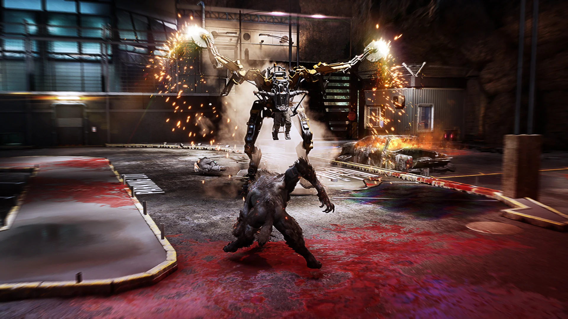 Un loup-garou combat un robot. 